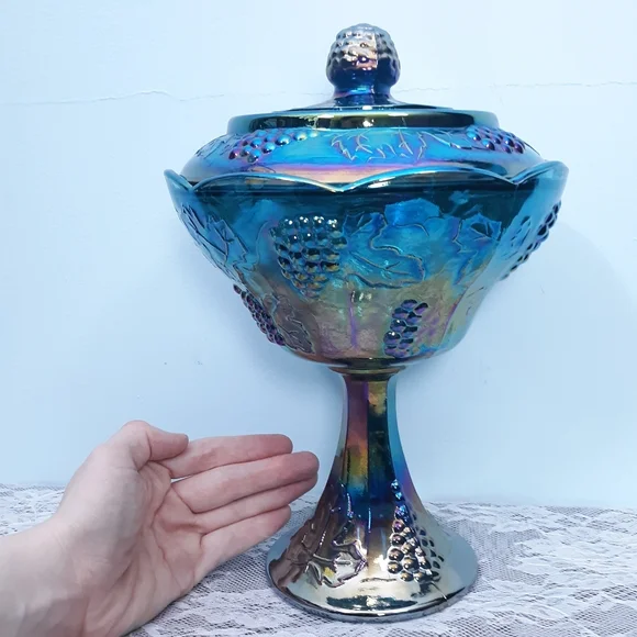 Indiana Blue Iridescent Carnival Glass Pedestal Compote Harvest Grape Purple Lid - Picture 16 of 16